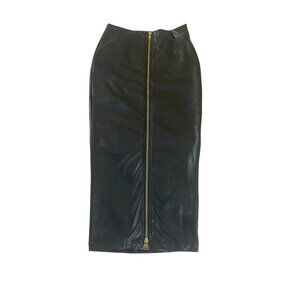 Queen Maria Women's Front Zip Black Faux Leather Midi Skirt - Medium